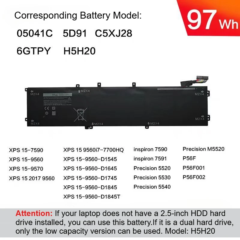 New 6GTPY Laptop Battery for Dell Precision M5520 M5530 XPS 15 9560 9570 7590 9550 5XJ28 5D91C P56F-001 P83F001 11.4V 97Wh