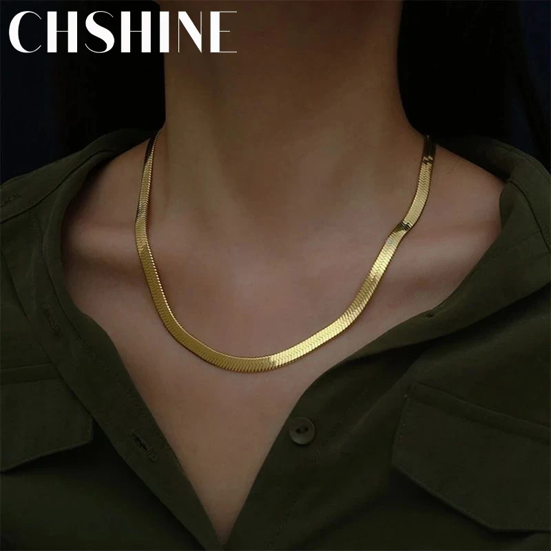 

925 Sterling silver 18K Gold 4MM Flat chain Necklace for Women Luxury Fine Jewelry wedding gift choker Clavicle Necklace