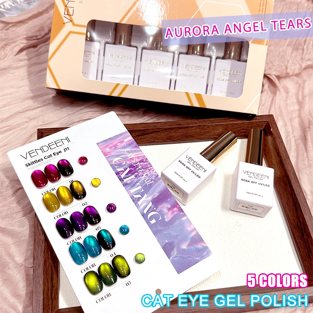 Vendeeni 5 Farben/Set Aurora Blue Tears Katzenaugen-Gel-Nagellack Magnetischer UV-Soak-Off-Gel-Lack Kristall-Katzenaugen-Gel mit Display – Detail 6