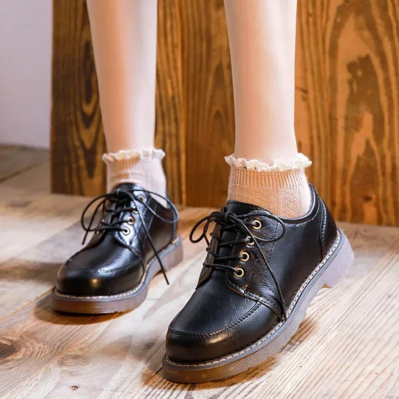 New Women Oxfords Women\'s Shoes Ladies Leather Female Round Toe Sewing Retro Comfortable Footwear Lolita Shoe Brown Plus Size 40