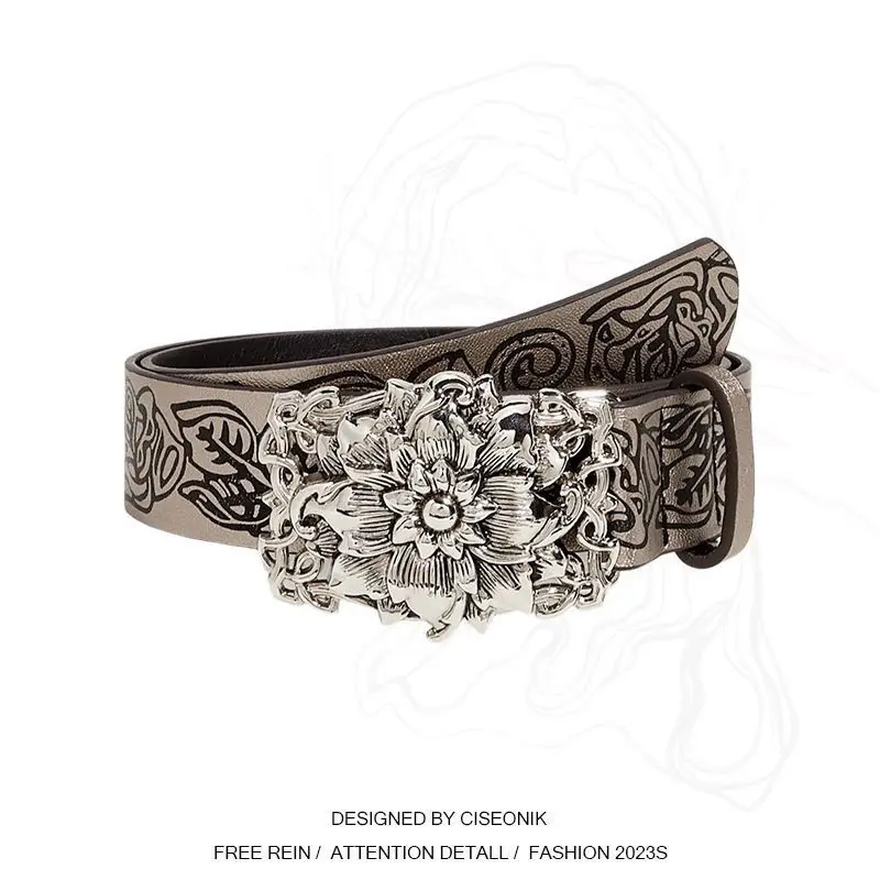 ‌Y2K Punk Belt - Women's Gothic Embossed Flower Waistband, Retro Dark Leather Belt, Edgy Streetwear Accessory