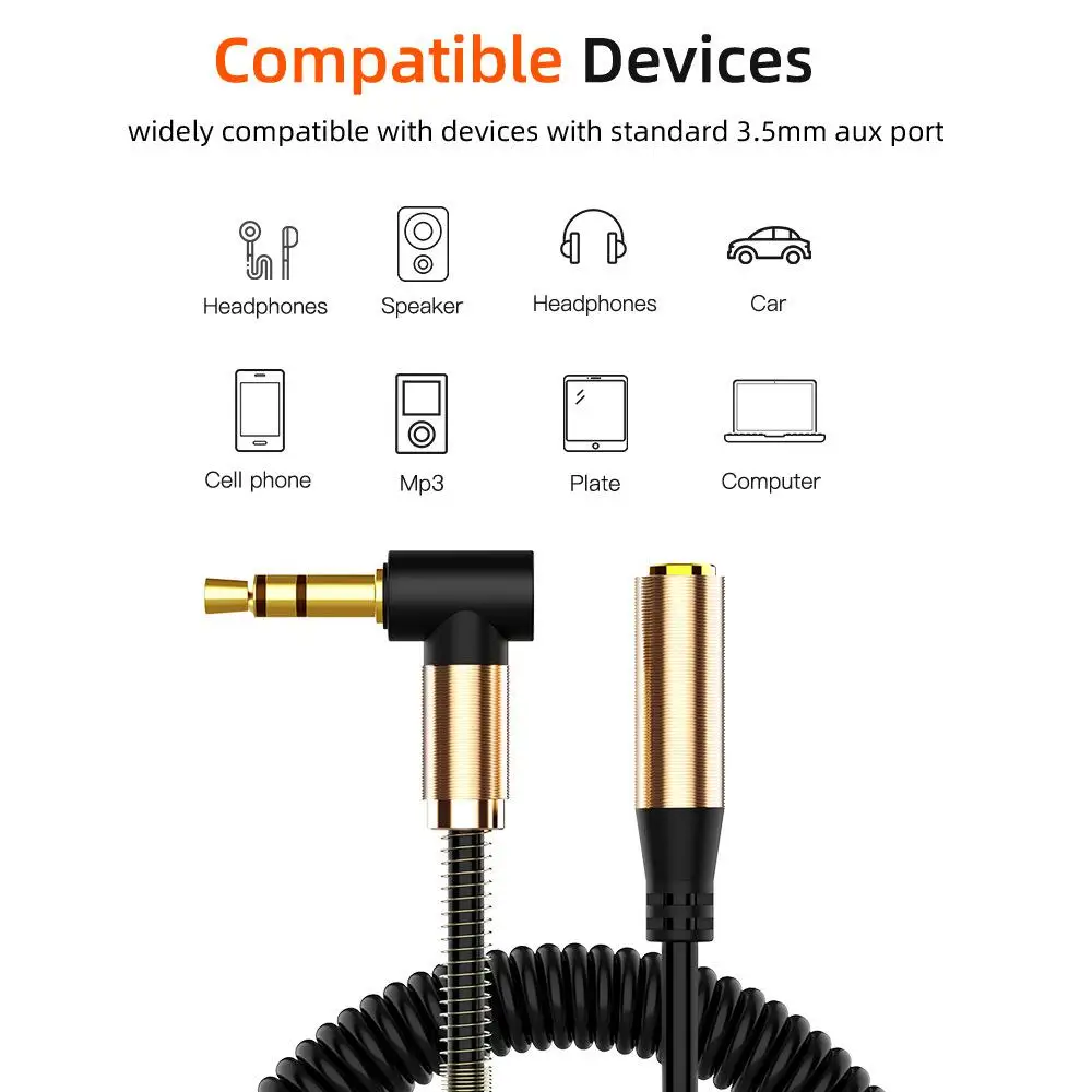 RYRA Audio Cable 3.5mm 90 Degree Elbow Spring Retractable Jack Speaker Extension Cord For Mobile Phone Computer