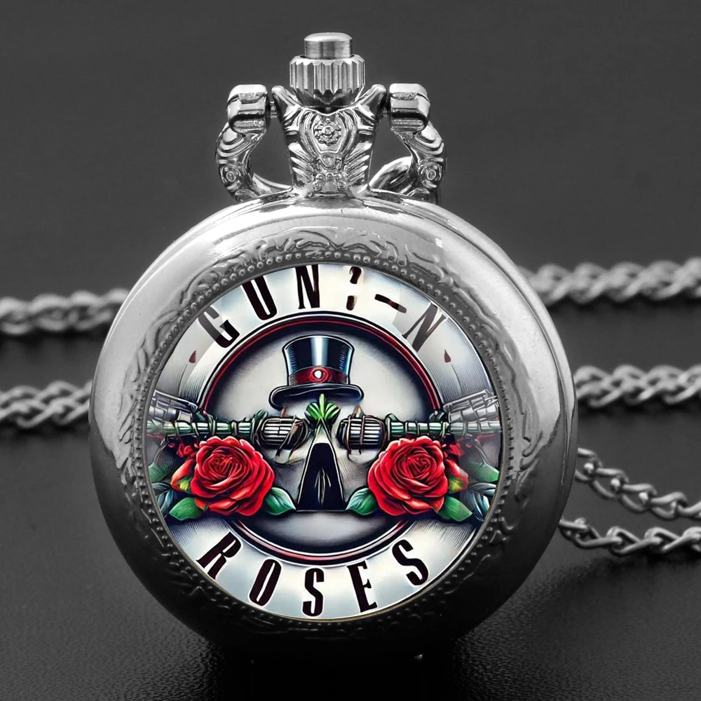Orologio da tasca vintage al quarzo Gun's N Roses Rock Logo Design Orologio da tasca Collana con ciondolo per uomo Donna Regalo di compleanno per bambini
