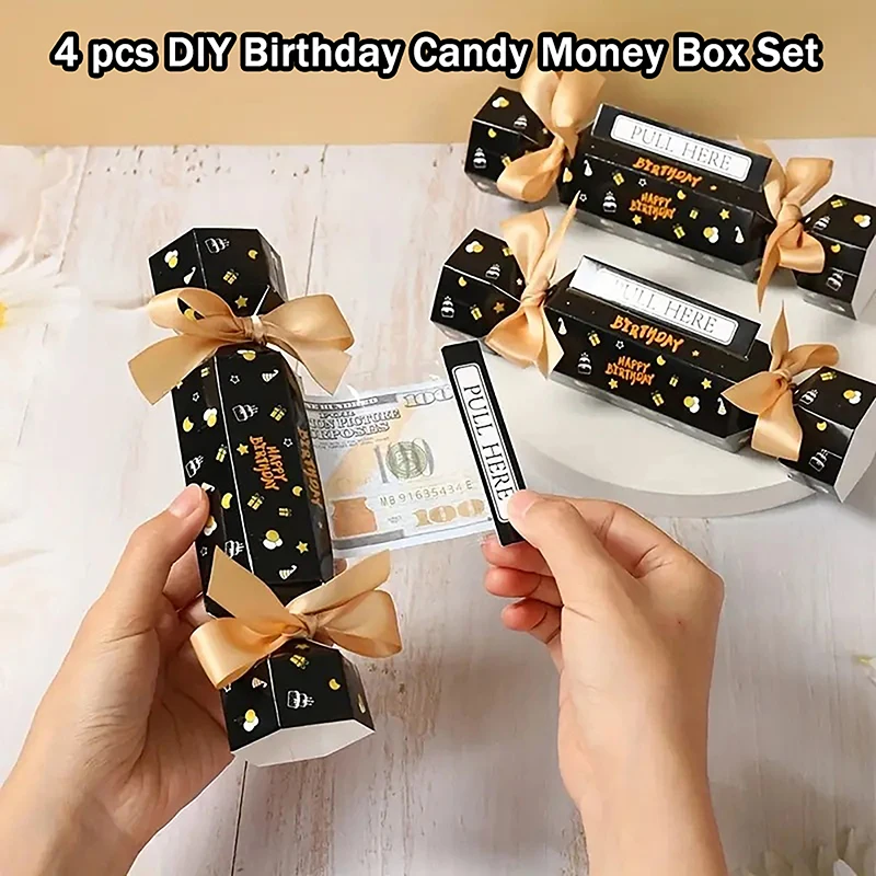 

[HF][HS]4-piece DIY Birthday Candy Money Box, Black Surprise Money Bag, Rectangular Birthday Money Bag Surprise Gift Box