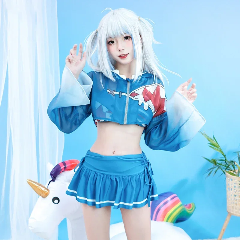 VTuber Hololive Gawr Gura Cosplay Costume pour filles et femmes, perruque, maillot de bain, Anime, tenues de fête d'Halloween, plage, bain trempé, maillot de bain, RZ