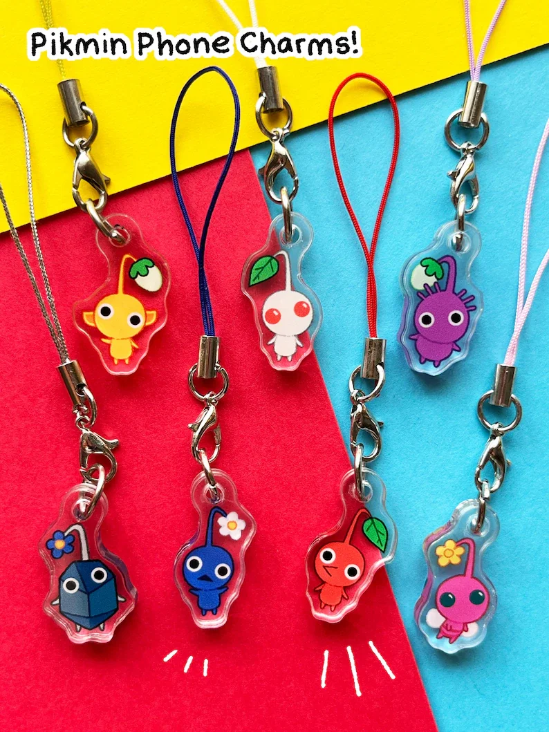 Pequeños llaveros con dijes para teléfono Pikmin, llaveros acrílicos divertidos y lindos de 1 pulgada, abalorio para teléfono de doble cara