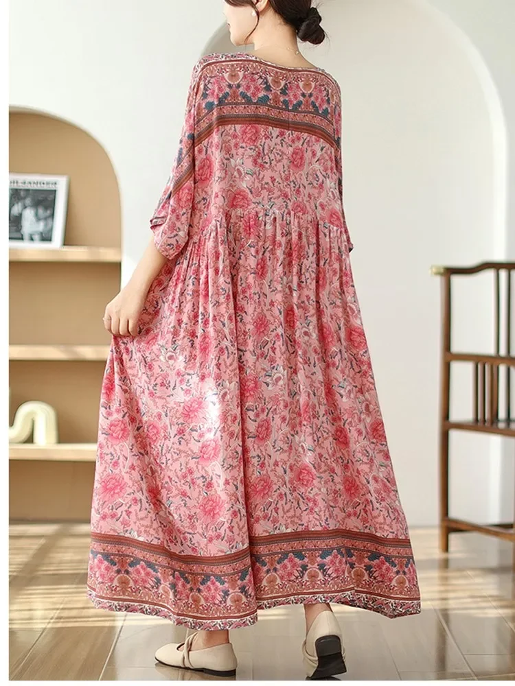 Kurzarm, übergroßer Baumwollsatin, Vintage-Blumenmuster, neu in Kleidern für Damen, lässig, locker, langes Sommerkleid, elegante Kleidung 2025,