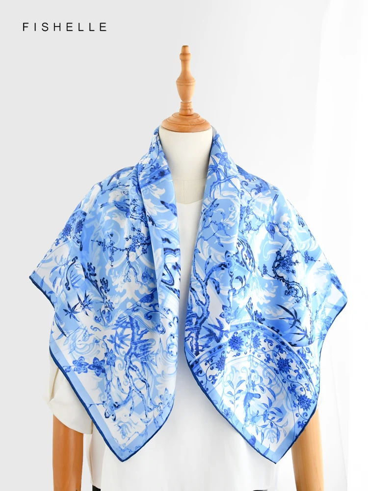 Blue flowers birds 100% natural silk scarf square head scarves twill luxury gift women wrap bandana hijab shawl lady neckerchief