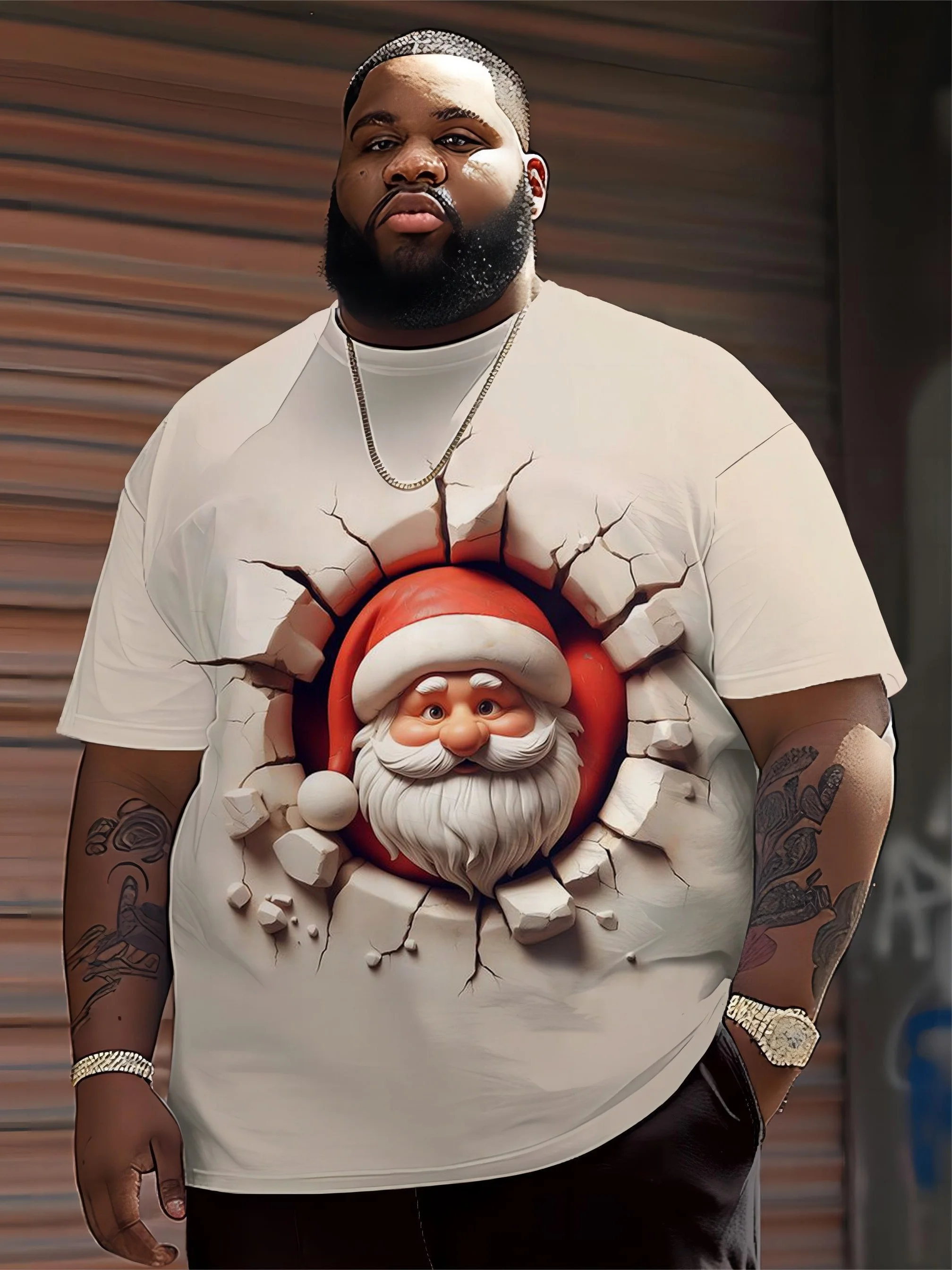 Men Short Sleeve T‑Shirt 3D Break‑Wall Santa Claus Christmas Crew Neck Holiday Casual Tops