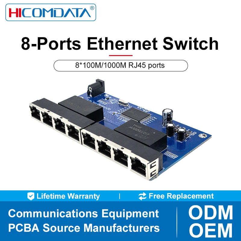 

8-портовый полный гигабитный Ethernet-коммутатор PCBA Неуправляемый Ethernet-коммутатор PCBA с 8*100/1000M портами RJ45