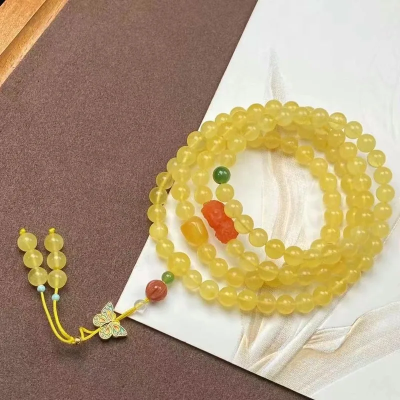New Natural Amber 3-Loop Bracelet With Buddhist Beads, Style, Fashionable And Versatile