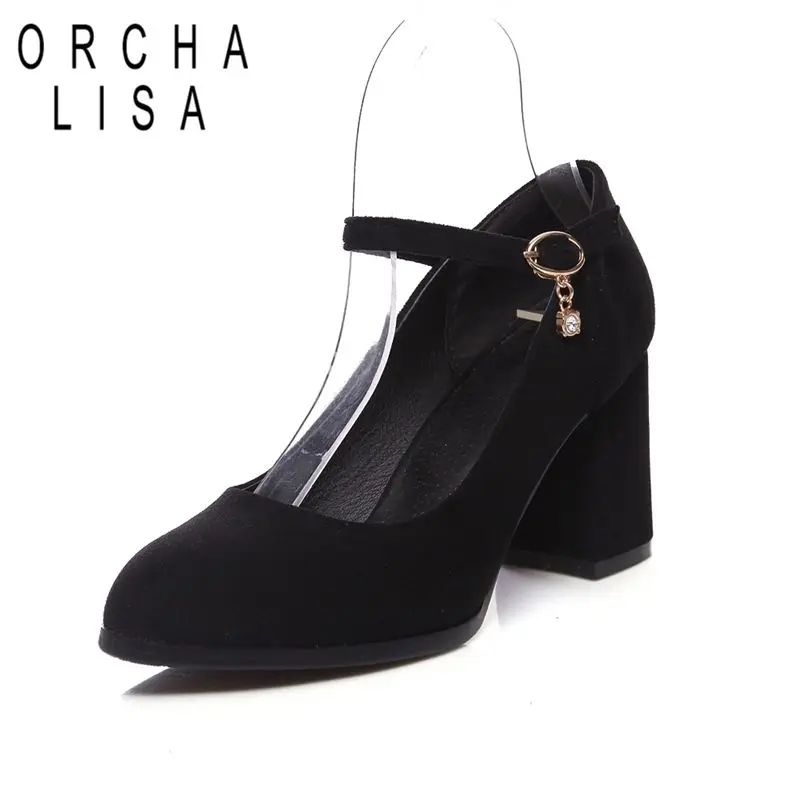 ORCHA LISA Dress Shoes Heels Female Circular Front 7cm Sturdy Heel Lift Slide Wear Velvet Suede  Plus Fit 31 32 33 43