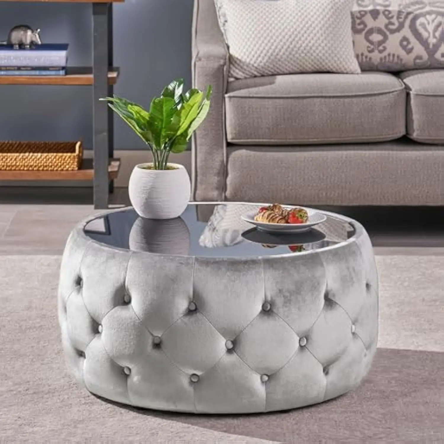 

30 Round Velvet Ottoman Coffee Table, Button Tufted Coffee Table with Tempered Glass Top Modern Upholstered Tufted Velvet Cockt