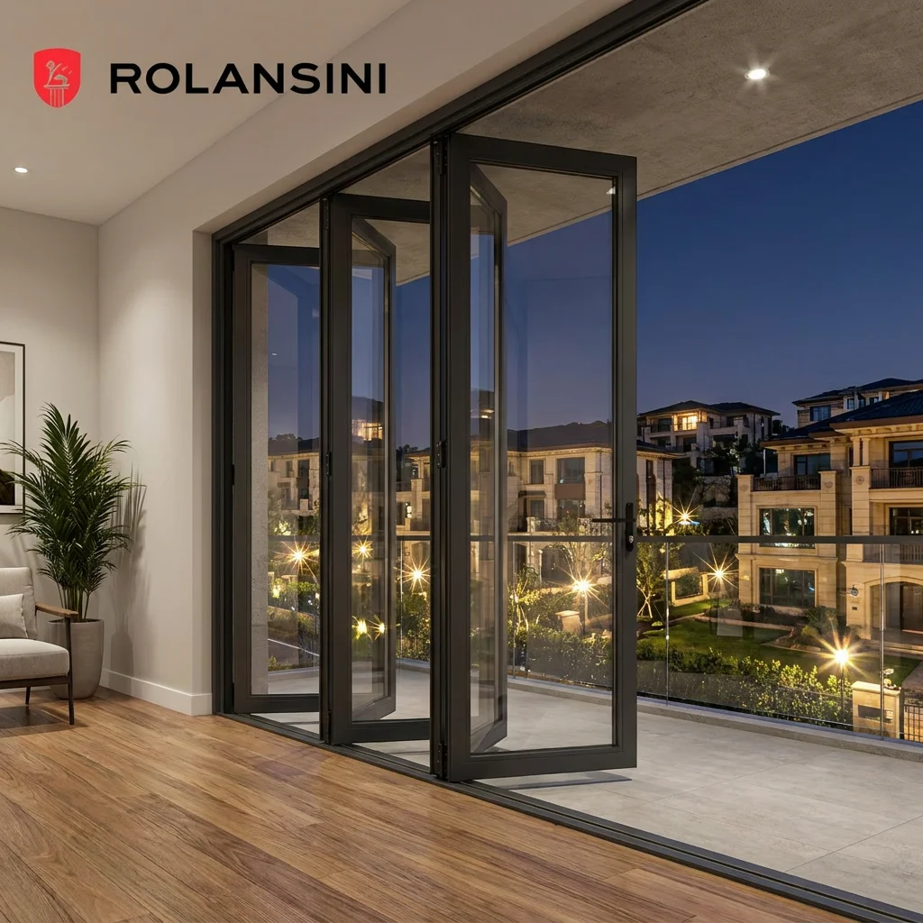 

Custom Modern Commercial NFRC Certified Aluminum Alloy Double Glass Bi-fold Sliding Door Soundproof Folding Panoramic Patio Door