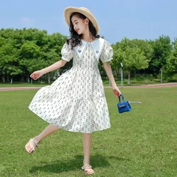 Summer Children Dress Girls Peter Pan Collar Vestidos New Kids Print  Casual Gown Teenager Sweet Clothing Fasion A-line Dress