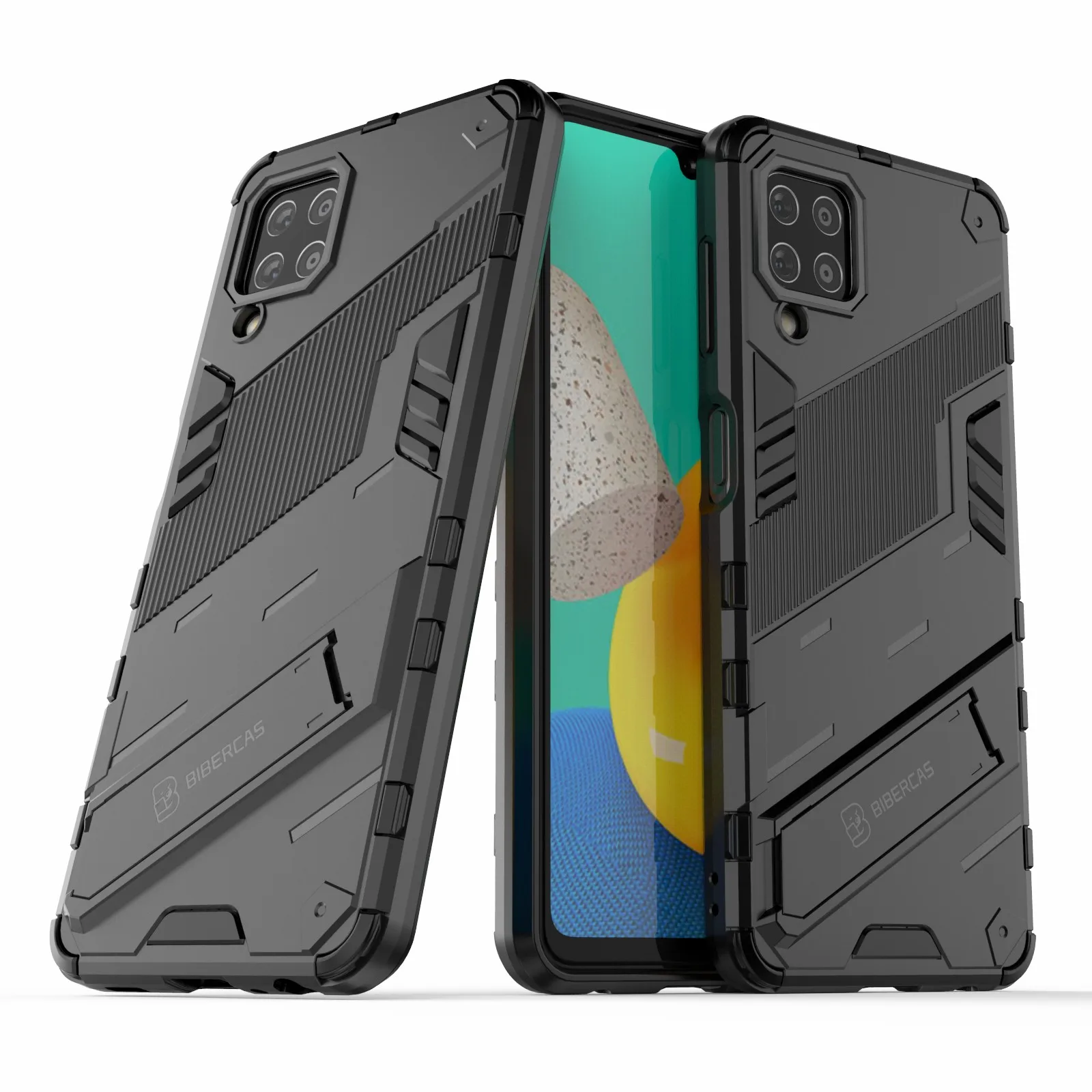 Custodia protettiva per PC + TPU Combo Custodia protettiva per telefono con design con cavalletto per Samsung Galaxy M32 (versione globale) - Nero