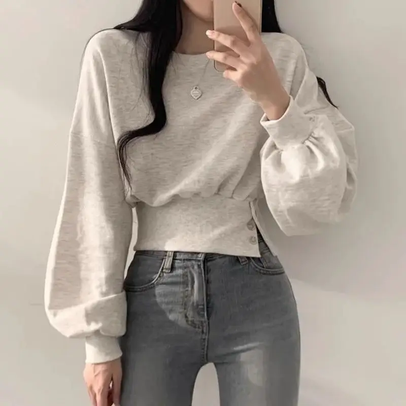 Fall Women's Solid Color Crew Neck Slim Fit Crop Top Lantern Sleeve Buttoned Athleisure Korean Sporty Pullover Sweet Streetwear