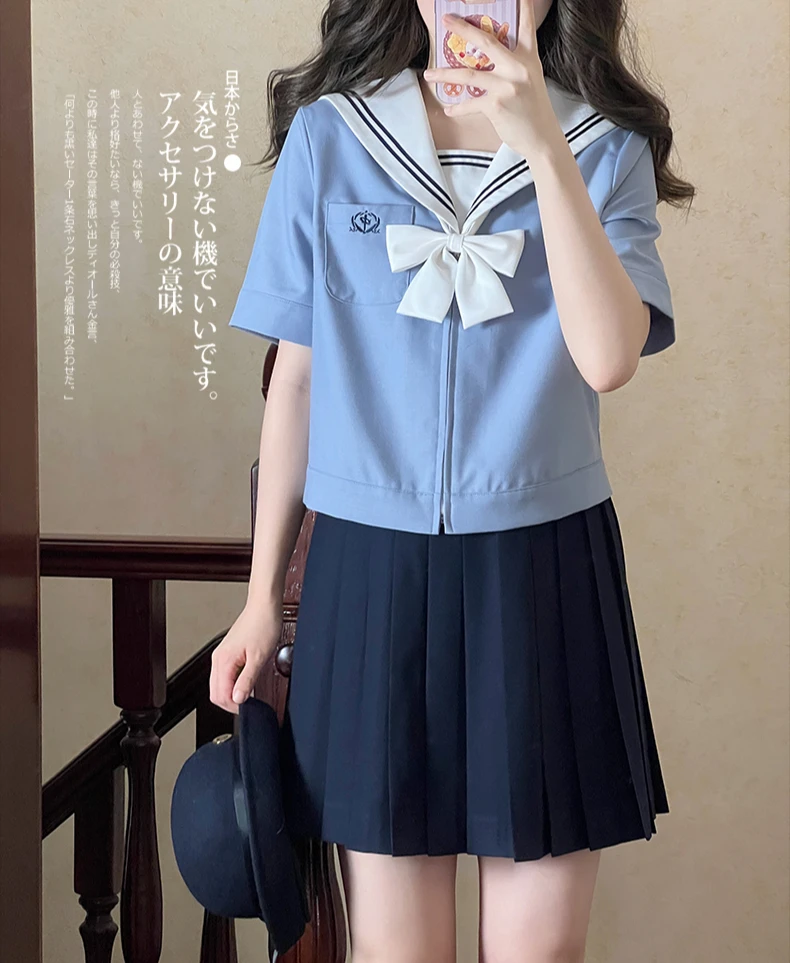 Japanse Preppy Stijl Jk Rokken Set Matroos Kraag Korte Mouw Geborduurde Rits Top Hoge Taille A-Lijn Geplooide Mini Rok Vrouwen