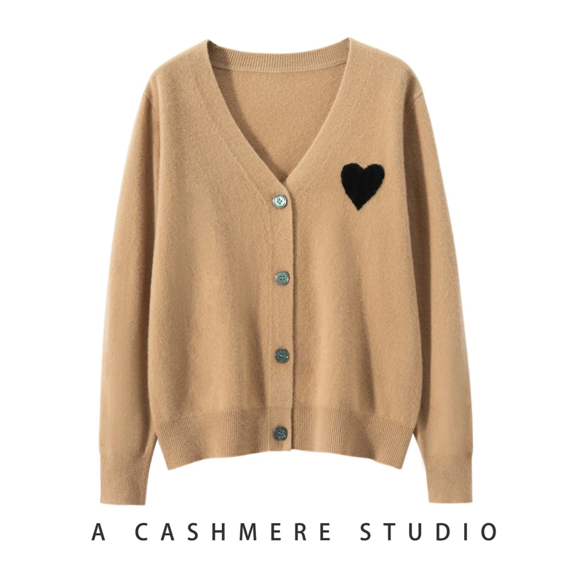 New Women\'s V-neck Cardigan Preppy Style 100% Cashmere Sweater Heart Embroidery Cashmere Knitwear Autumn Winter Popular Clothes