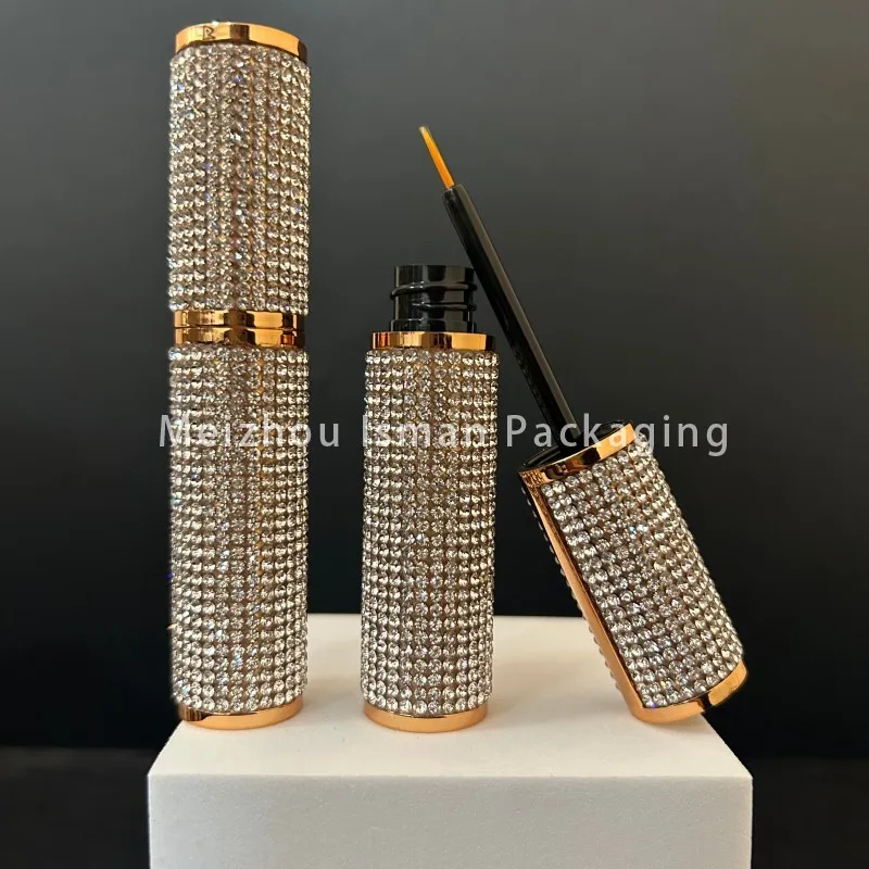 50Pcs New style empty round cosmetic bling gold diamond gel eyeliner bottle mascara container packaging tube with rhinestone