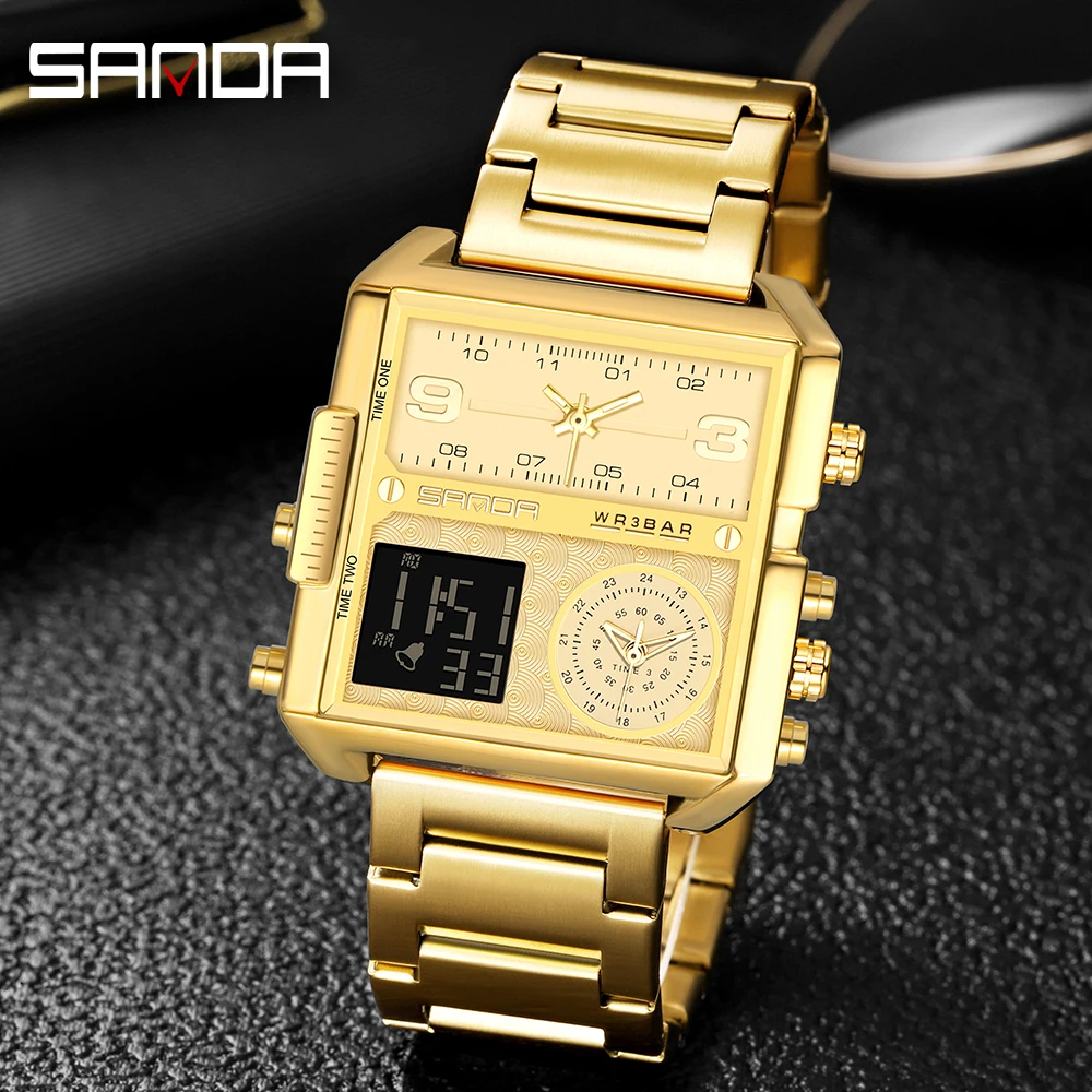 

Fashion Sanda Brand Men's Watches 3 Time Zone Sport Military Steel Quartz Watch Led 30m Waterproof Male Clock Relogio Masculino