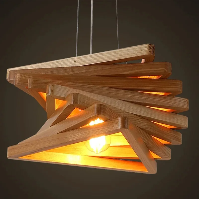 Modern Solid Wood Triangle Chandelier For Living Room Bar Restaurant House Decoration Lighting Led Indoor Hanging Lamp