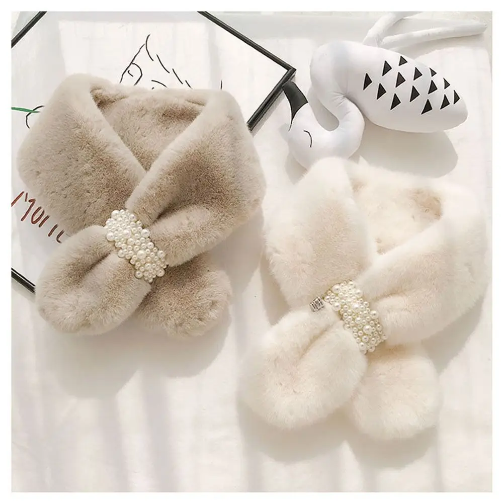 Women Winter Warm Thicken Elegant Pearl Cross Collar Scarf  Solid Color Faux Rabbit Fur Plush Elegant Shawl Scarfs