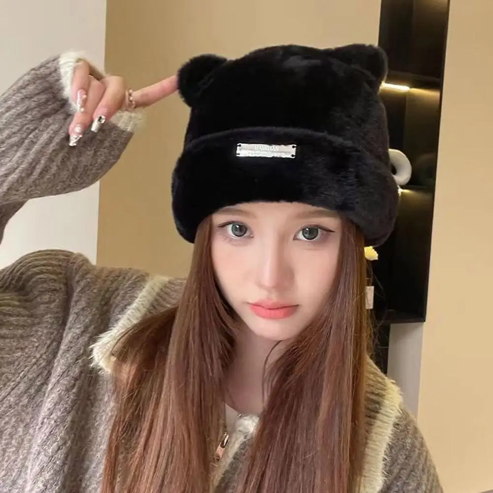 Lovely Iron Label Decorative Beanie Hat With Ears Warm Plush Cat Beanie Winter Faux Fur Beanie Elastic Knitted Hat Women Outdoor