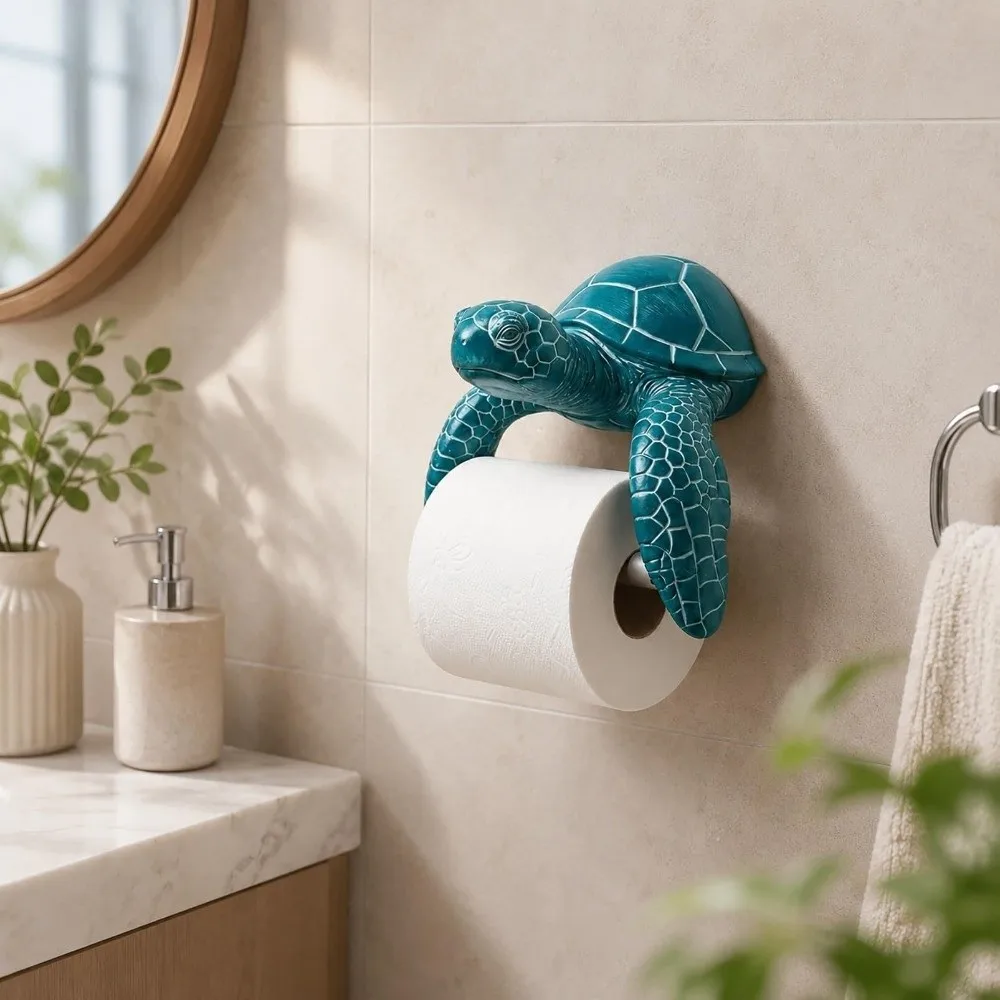 Shark Turtle Toilet Paper Holder Wall Mounted 3D Printed Toilet Tissue Rack Coastal Style Resin Paper Towel Stand Restaurant Bar