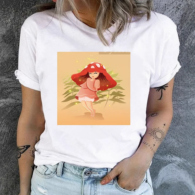 New Lovely Mushroom Snail Print T-shirt Female Minority Casual T-shirt Women Clothing  Tops  Graphic Summer polyester fabric