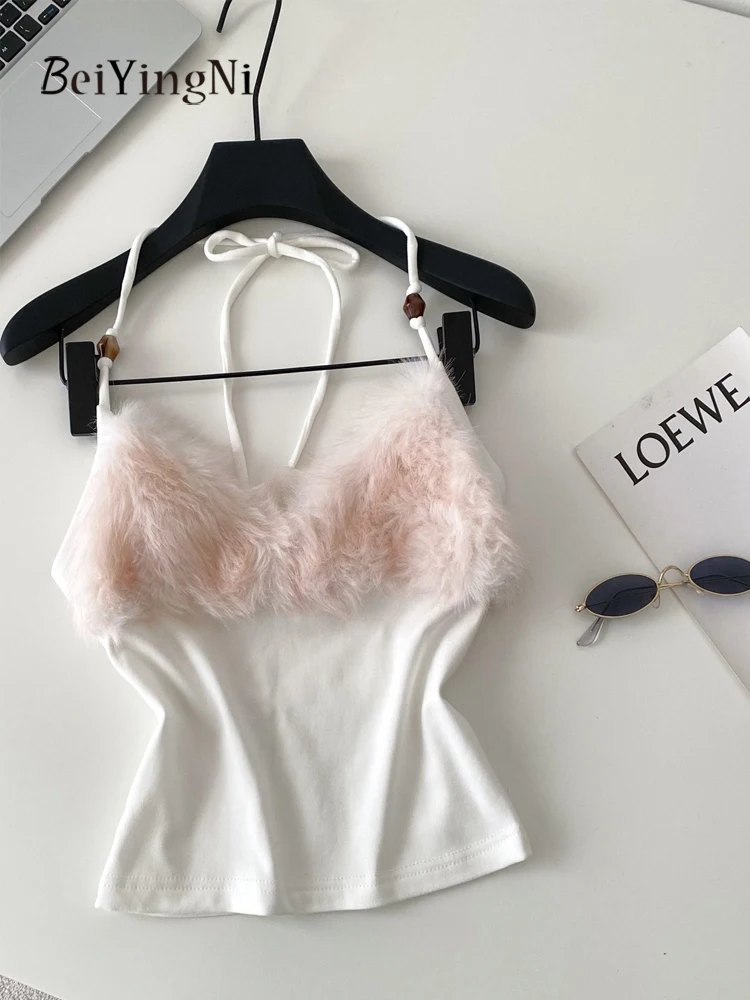 

Beiyingni 2025, новый стиль, женская майка Y2K, пушистая, осень-зима, корейская майка с v-образным вырезом и открытой спиной, однотонный шикарный серый жилет