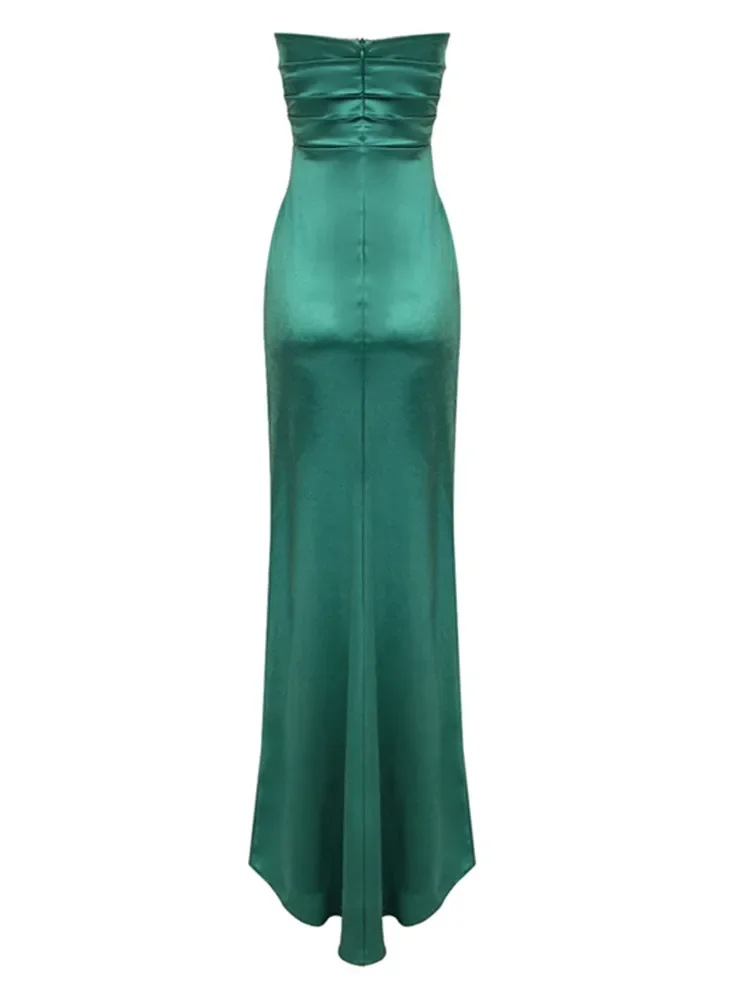 Women Luxury Sexy Strapless Satin Green Split Maxi Long Bodycon Gowns Dress Elegant Evening Party Club Dress