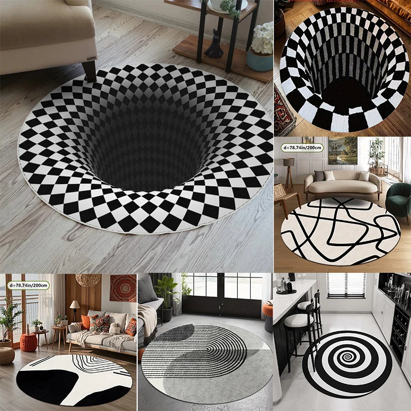 Optical Illusion Round Doormat Black White Checker Vortex Visual Effect Graphic Rug Creative Novelty Indoor Home Decor Floor Mat
