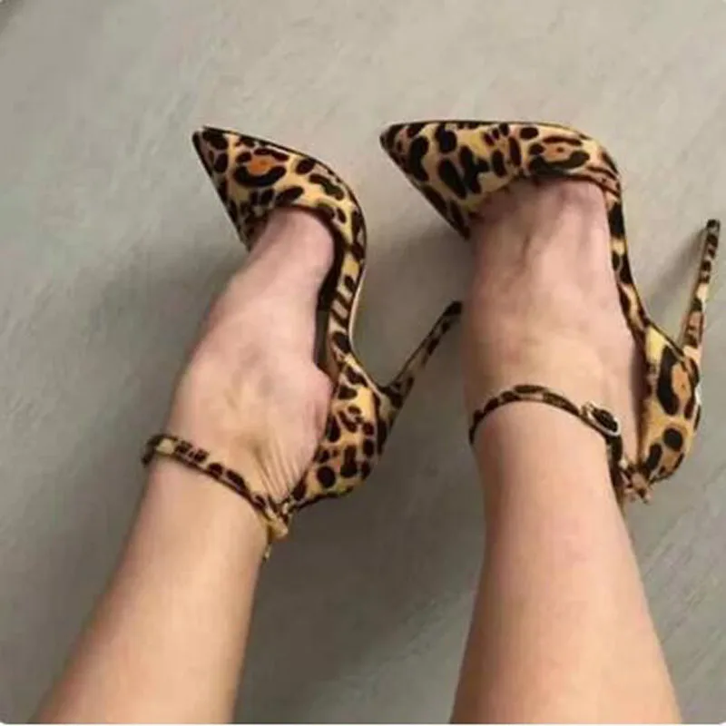 Sexy Women Leopard Pointed Open Toe One Line Ankle Buckle Strap Stiletto Heels Summer Sandals Cover Heel Party Dress Shoes