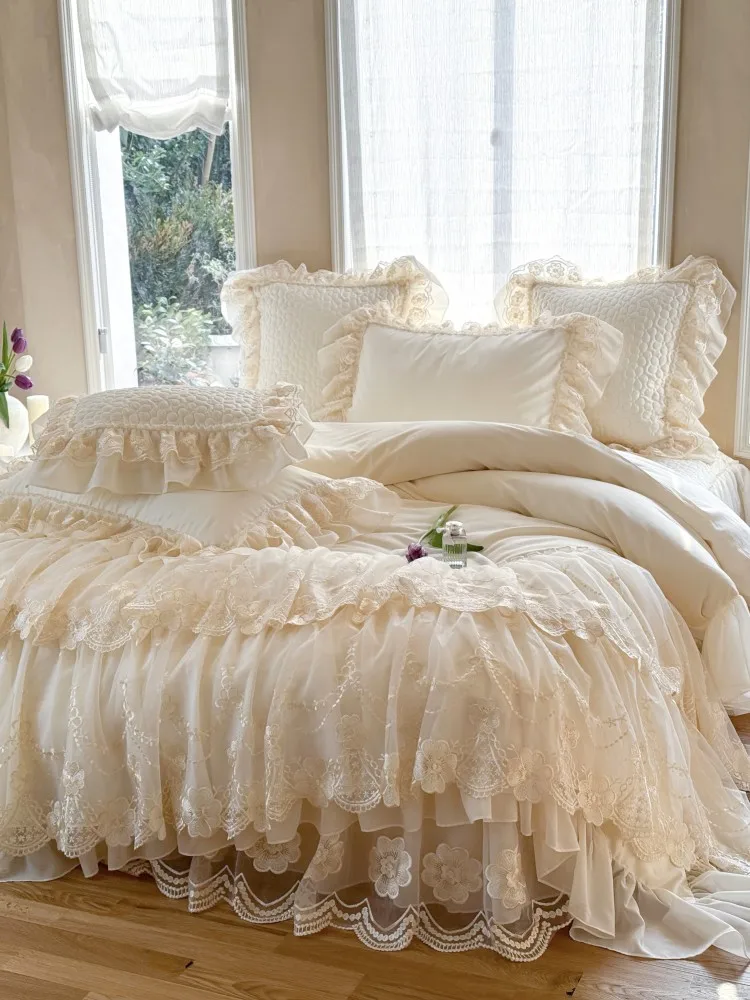 High-end Elegance Luxury Long-Staple Cotton Bedding Set,Princess Lace Edging Duvet Cover,Winter Warm Bedding Set for Girl's Room