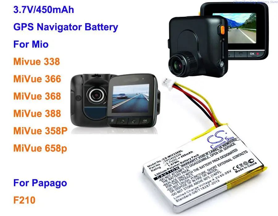 Cameron Sino 450mAh Battery TPC402339 for Mio Mivue 338, Mivue 358P, Mivue 658p, Mivue 366, MiVue 368,MiVue 388, For Papago F210