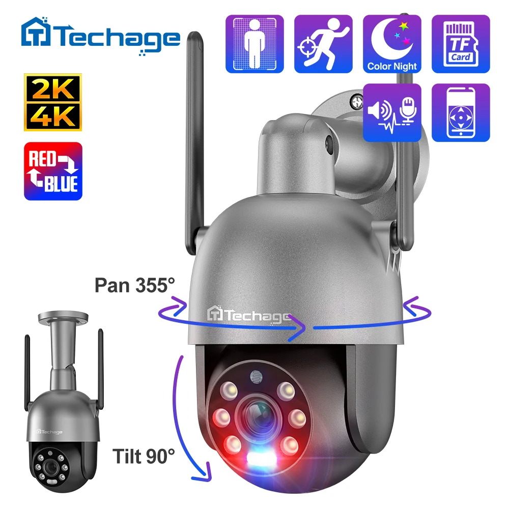 techage 8mp 4k 2k ptz security wireless ip camera video surveillance wifi camera outdoor ai red blue light alarm human detected 01