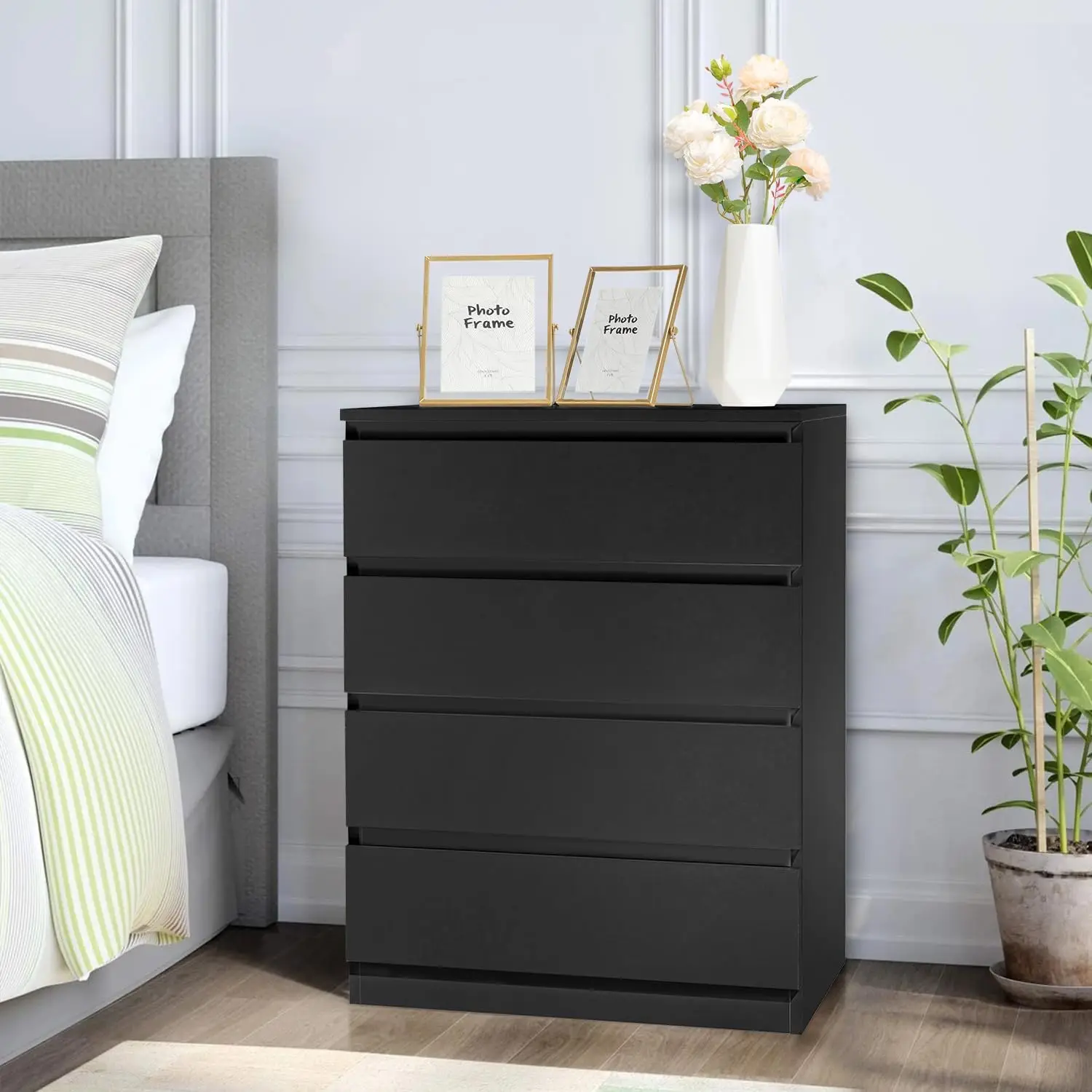 Commode à 4 tiroirs noire, commode moderne en bois, armoire de rangement sans poignée pour chambre à coucher, salon, bureau à domicile, entrée