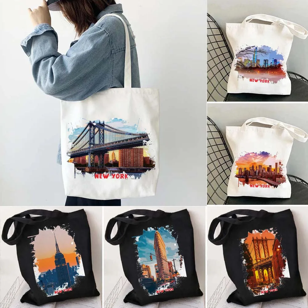 New York United States NYC City Sights Landscape Watercolor Ink Oil Painting Shoulder Canvas Cotton Tote Bag Eco Shopper Handbag