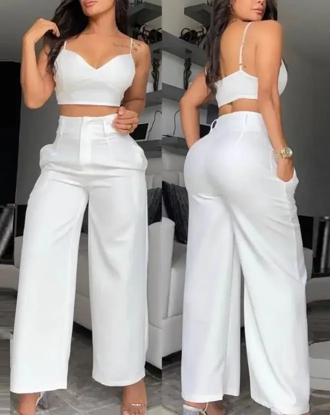 Fashion Two Piece Set Women Outfit Spaghetti Strap Crop Cami Top & Casual Pocket Design High Waist Wide Leg Pants Set Summer