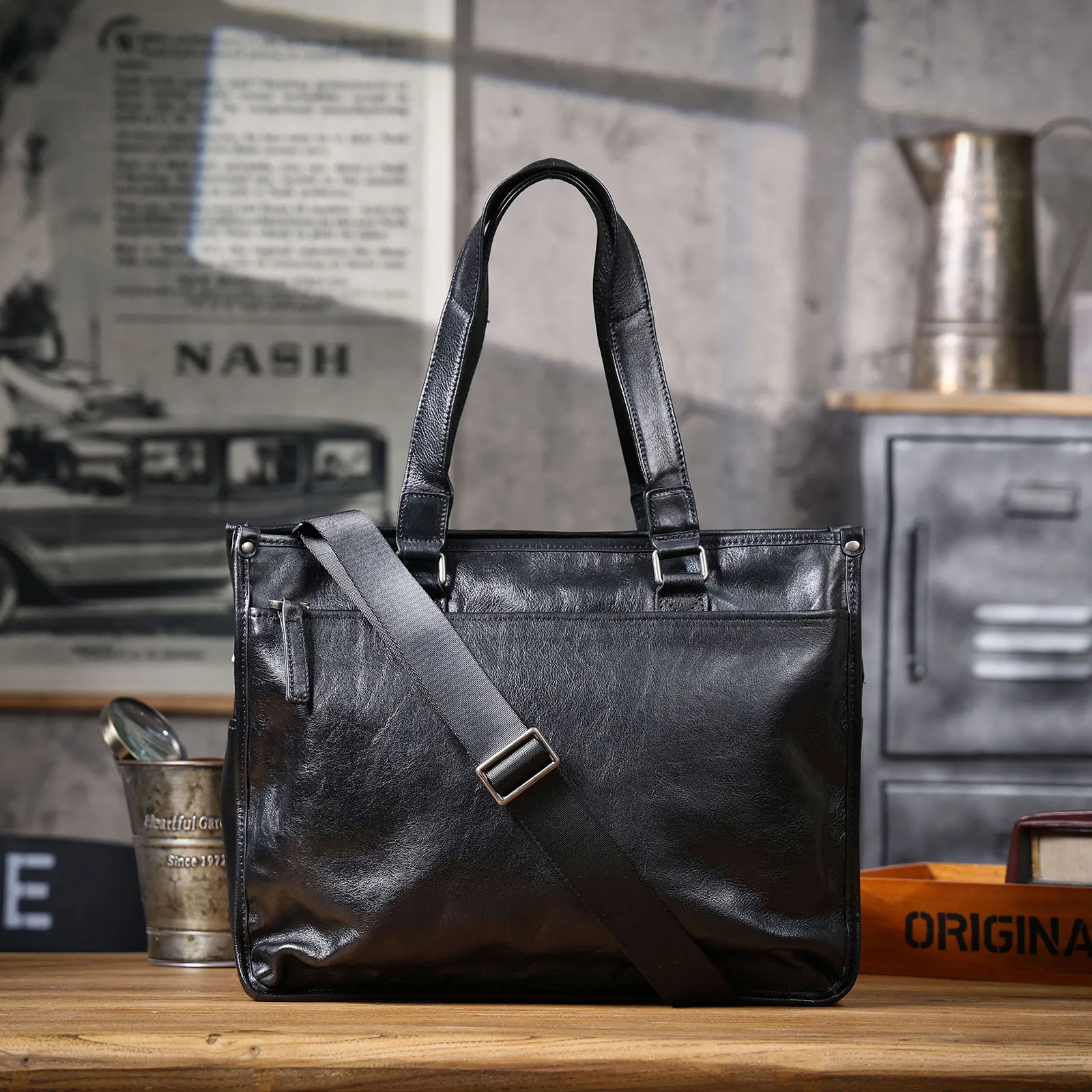 Echte Leder-Aktentasche für Herren, 15-Zoll-Laptop-Tasche, einfache Umhängetasche aus Rindsleder, pflanzlich gegerbtes Leder, modischer Casual-Stil – Detail 7