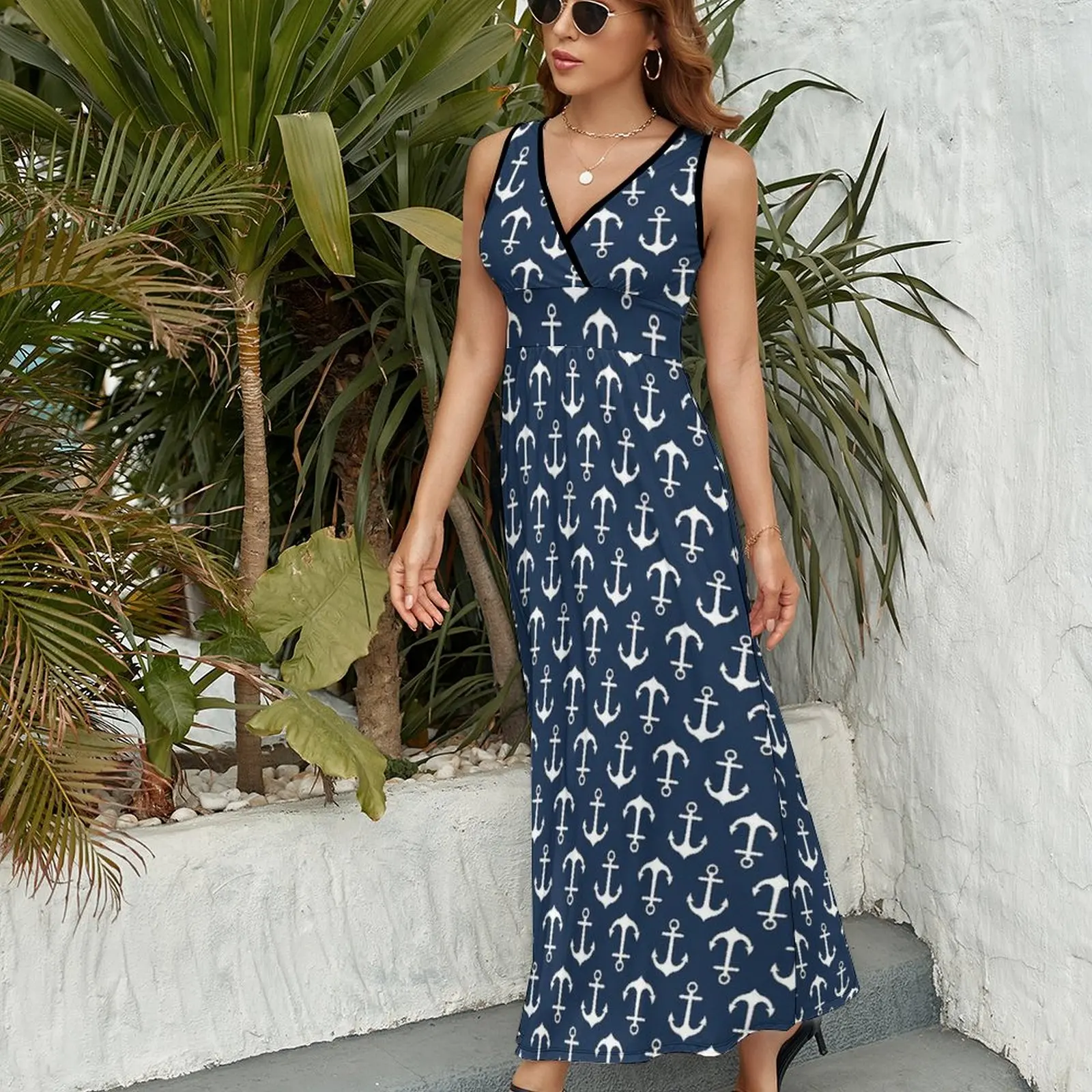 Nautische Ankers Jurk Vintage Maxi Jurk V-Hals Custom Bohemia Lange Jurken Streetstyle Oversized Vestidos