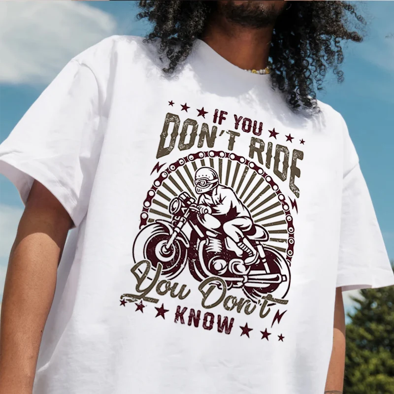 White Vintage Chopper Rider Skull Graphic T-shirt Retro Biker Distressed Chain Frame Print Soft Cotton Unisex Short Sleeve Tee