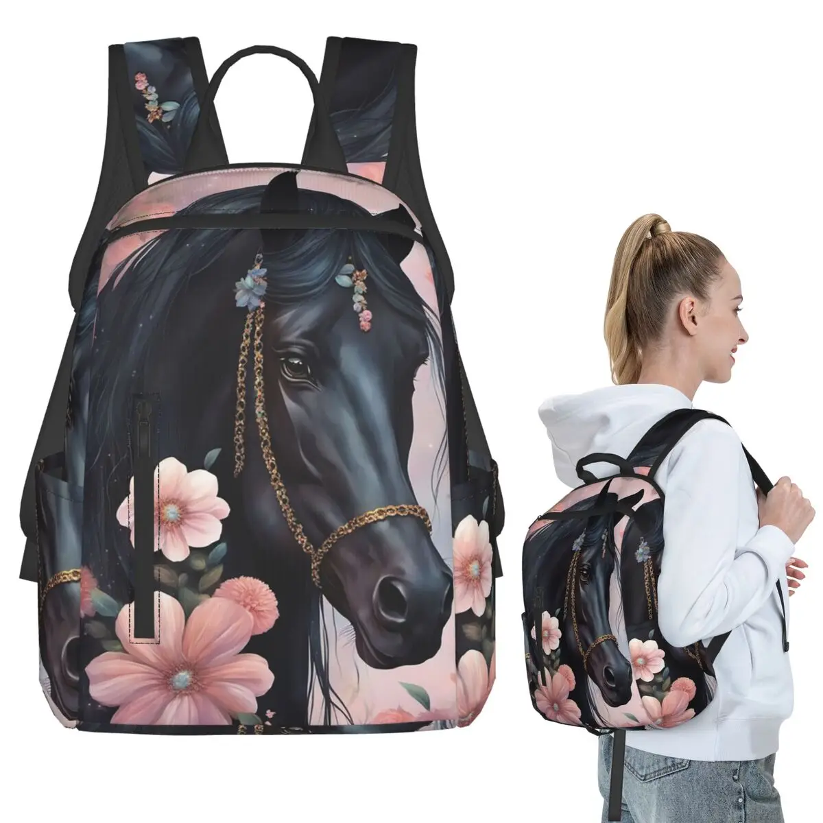 

Flowers Surround Black Horse Print Backpack Student BookBag Kids School Bag Laptop Shoulder Bags Men Women