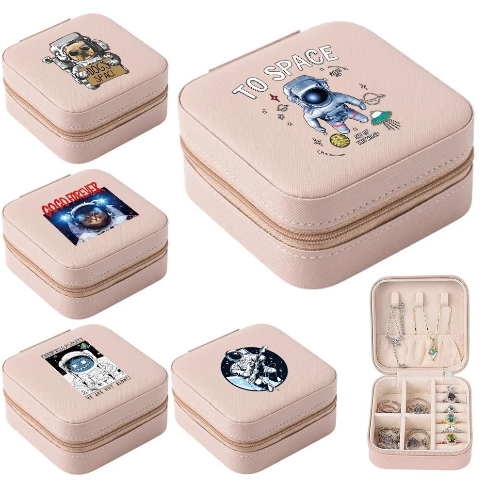 

Portable Jewelry Box Jewelry Organizer Display Astronaut Print Travel Jewelry Case Boxes Leather Storage Zipper Jewelers Joyero