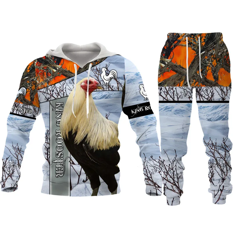 Conjunto de Sudadera con capucha y pantalones para hombre, chándal de camuflaje de caza de gallo, Sudadera con capucha y pantalones, jersey de moda con estampado 3D de animales de gallo, 2 piezas