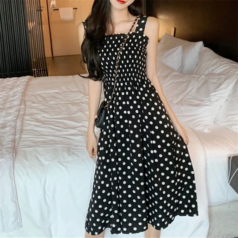 Damen Sommer Polka Dot Chiffon Langes Kleid Elegantes Quadratischer Ausschnitt Ärmelloses Kleid Lässige Damenkleider – Detail 21