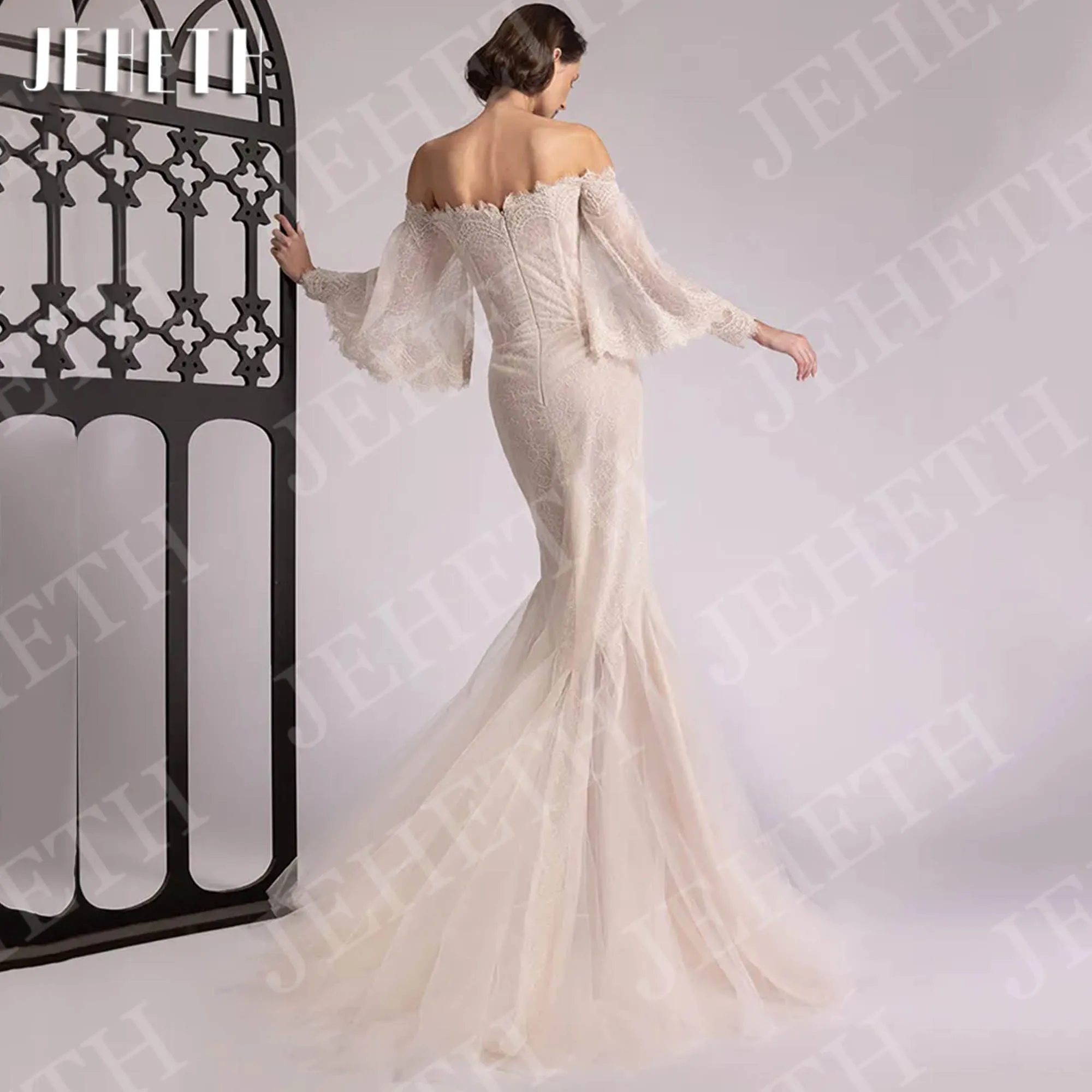 JEHETH Mermaid Elegant Evening Dresses Off the Shoulder Romantic Lace Bell Sleeves Tulle Party Dress Customized vestidos de gala