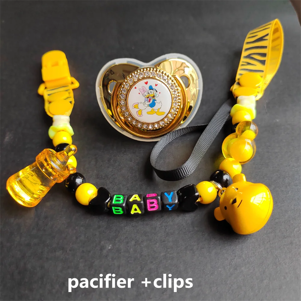 2022 Disney Baby Pacifier Animal Print Donald Duck Bling Pacifier with Beaded Chain Clip Baby Birthday Shower Gift Fake Pacifier