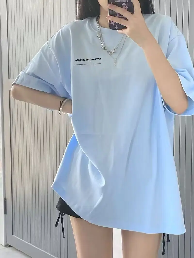 

Ocean Blue Pure Cotton ort Sve Women's T-irt oulder Design Summer 2024 Casual Sle Top Bright Tead Print O-ne